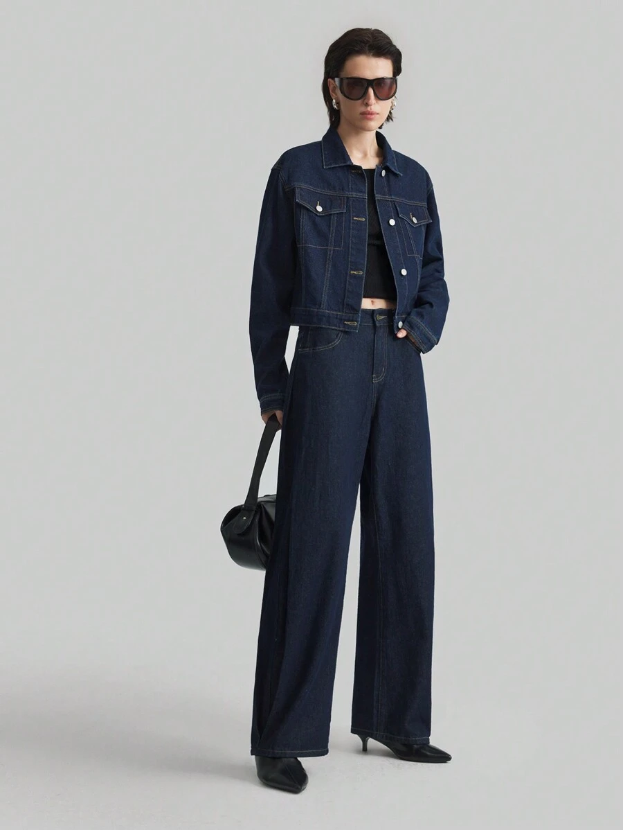 Ontre 2025 新款女士纯色口袋优雅通勤直筒牛仔裤，春夏季宽松牛仔裤