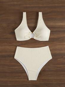 SHEIN Swim 夏季海滩女士圆环连体比基尼套装婚礼 - 米色 - 查看 6