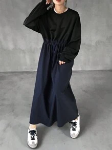 FRIFUL Women's Lace Patchwork Mid-Calf Plain Color Dress - Black - View 5