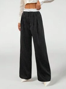 SHEIN PETITE Spliced ​​Waistband Yarn-Dyed Striped Suit Trousers
