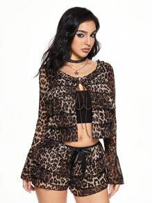 ROMWE Grunge Punk Ensemble de short court et de cardigan avec dentelle imprimé guépard Y2K. Hauts à manches longues avec nœud papillon pour femmes - Tabac - Voir 5