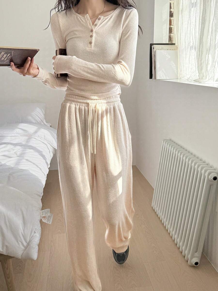 DAZY 2pcs/Set Women Solid Color Fitted Long Sleeve Top And Drawstring Waist Long Pants Lounge Sets For Women - Beige - View 1
