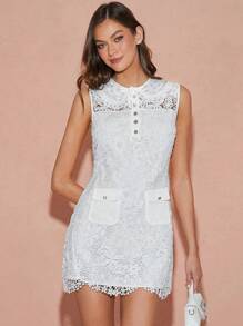 Enchnt 秋冬浪漫女士白色花卉刺绣蕾丝精致水钻装饰蝴蝶结无袖迷你连衣裙，优雅甜美可爱，适合感恩节、圣诞派对、漂亮约会之夜、浪漫晚餐约会和花园派对