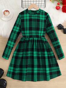 SHEIN Tween Girl Casual Knit Plaid Stand Collar A-Line Long Sleeve Christmas Dress