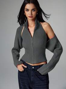 Poéselle 2pcs Women's Solid Color Zipper Sleeveless Top And Long Sleeve Cardigan Knitted Sweater Set - Grey - View 1