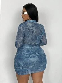 Maweii Plus Size Denim Effect Sexy Ruched 2 Pieces Set Fall Cloth For Women - Blue - View 6