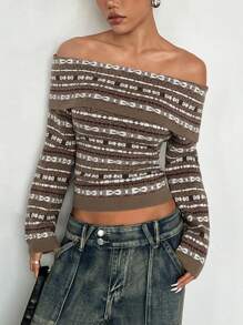 SHEIN Unity Pull moulant à manches longues et épaules dénudées avec motif géométrique tricoté, pull-over tricoté Y2K pour l'automne/l'hiver - Multicolore - Voir 6
