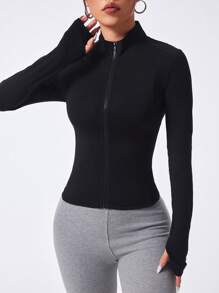 Easithlete Chaqueta básica de mujer con cremallera delantera de manga larga para entrenamiento y yoga - Negro - Ver 4