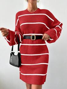 EURMUSE Damen gestreiftes Rundhals Pullover-Kleid mit Langarm, gestrickt - Verschiedenfarbig - Übersicht 1