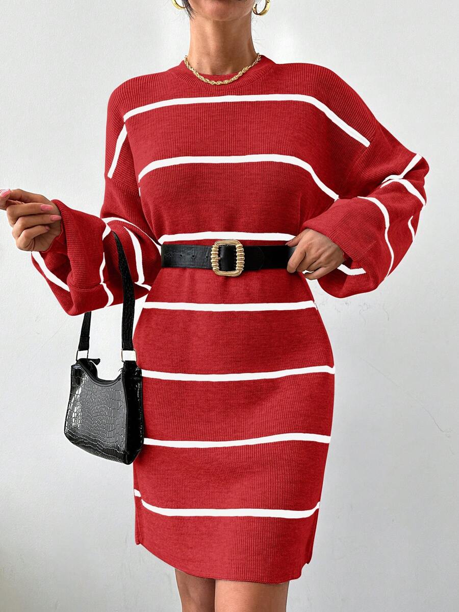 EURMUSE Damen gestreiftes Rundhals Pullover-Kleid mit Langarm, gestrickt - Verschiedenfarbig - Übersicht 1