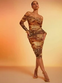 Hauture Long Sleeve Off Shoulder Printed Holiday Ruched Bodycon Midi Dress, Christmas Clothes Women - Multicolor - View 1