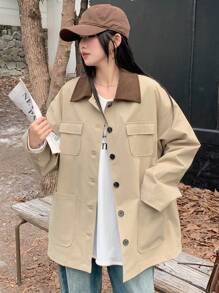 DAZY Women's Polo Collar Contrast Color Trench Coat, Solid Color Women Jacket,Fall Women Clothes - Khaki - View 4