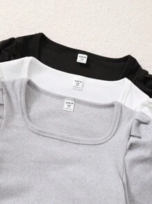 Tween Girls Solid Color Puff Sleeve Square Neck Blouse