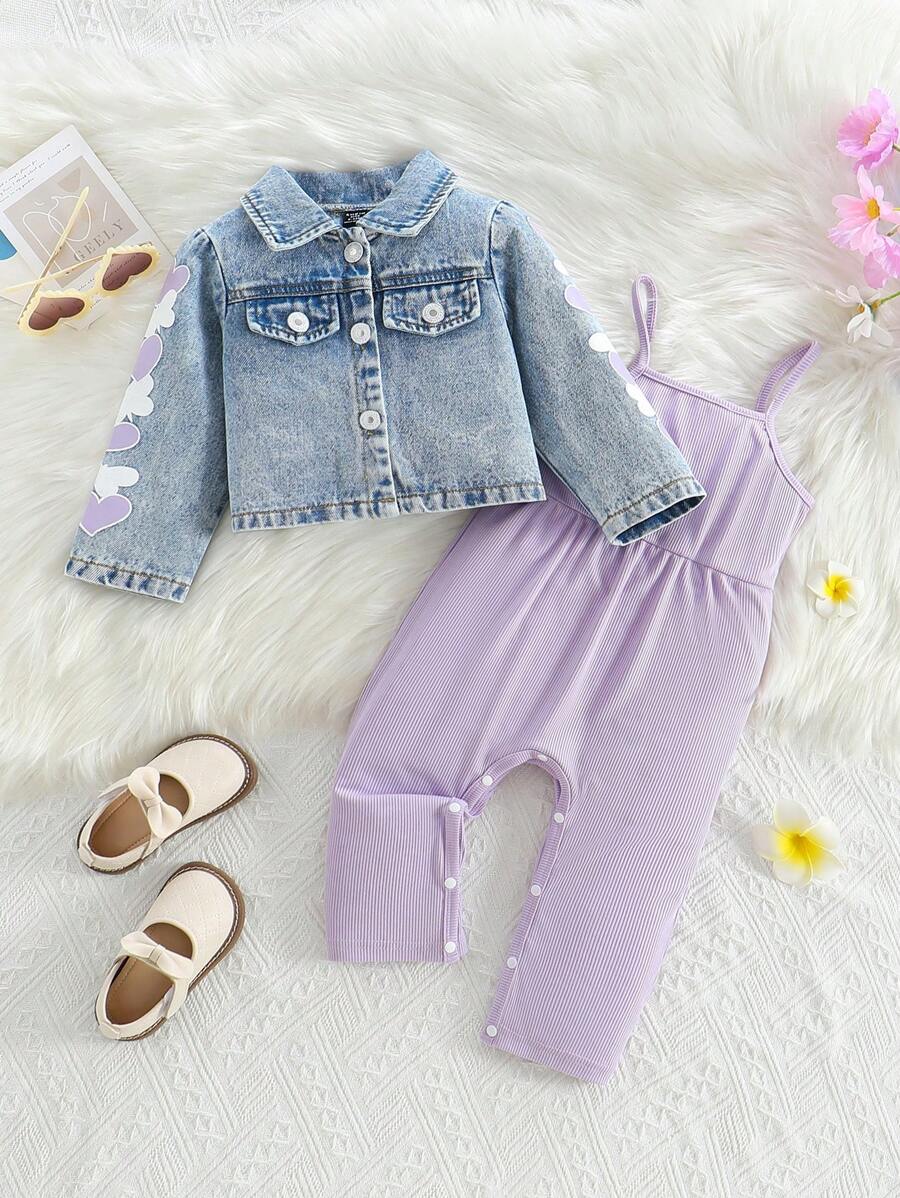 SHEIN 2 Pieces/Set Of Baby Girl Fashion Denim Love Coat + Clear Color Strap Jumpsuit, Fall/Winter Lightweight - Multicolor - View 1