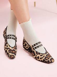 CUCCOO DOLLMOD Square Toe Flat Low Vamp Metal Rivets Buckle Leopard Print Color Block Soft Bottom Retro Women Loafers, Suitable For Daily Commute, Party And Walking New Year Holiday Valentines - Multicolor - View 3