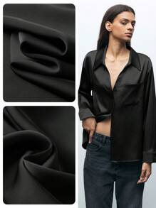 Maija Women's Black Solid Satin Tweed Fabric Drop Shoulder Long Sleeve Single-Breasted Pocket Loose Long Sleeve Casual Fashion Shirt Top, Early Spring,Fall Women Clothes,European Summer