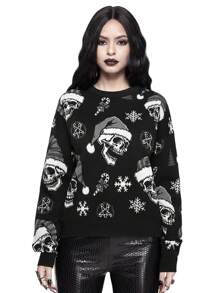 ROMWE Goth Suéter de cuello redondo con estampado en todo el diseño floral navideño de esqueleto oscuro