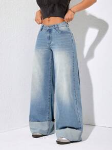 SHEIN EZwear 女式图案刺绣口袋宽松休闲牛仔裤