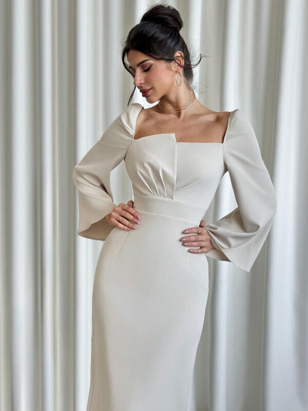 Firerie Autumn/Winter New Women's Wide Collar Asymmetrical Design Flare Sleeve Elegant Dress, Luxury Texture For Date, Party, Valentine's Day