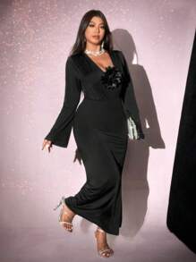 Viva Relle Plus Size Elegant Knitted Flower Ruched Dress,Valentine - Black - View 2