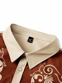 Manfinity Homme Plus Size Western Brown Front Button Graphic Print Long Sleeve Shirt - Brown - View 4