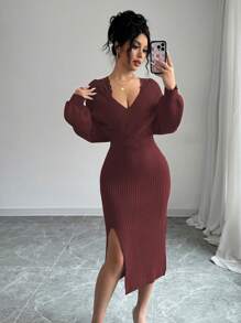 Chiquease Unique Design Lace Trim Knitted Sweater Dress, Waist Cinched Style, Elegant Look - Burgundy - View 6