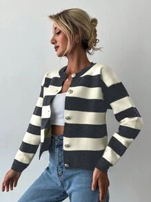 EURMUSE Women's Casual Everyday Contrast Color Striped Front Button Cardigan, Autumn/Winter - Dark Grey - View 3
