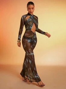 SHEIN Unity Sheer Mesh Cross Over Front Cut Out Sexy Dress