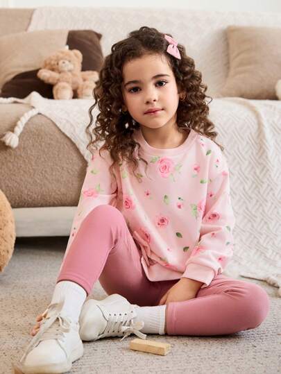 Cozy Pixies 2pcs Young Girls Casual Floral Print Decorated With Bow Slit Side Round Neck Long Sleeve Hoodie Sweatshirt With Leggings Set, Autumn/Winter