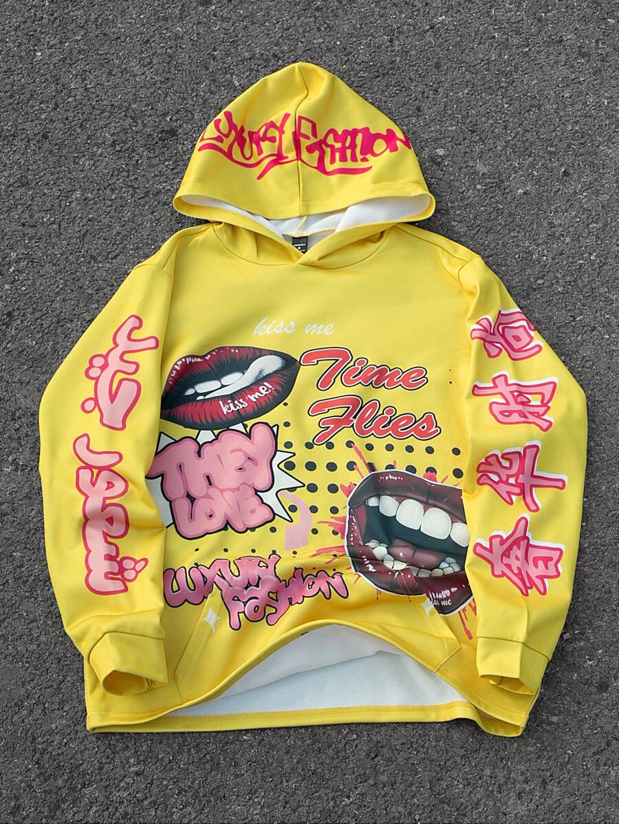 Manfinity Roghcode Men's Letter & Graphic Print Hooded Long Sleeve Sweatshirt - Multicolor - View 1