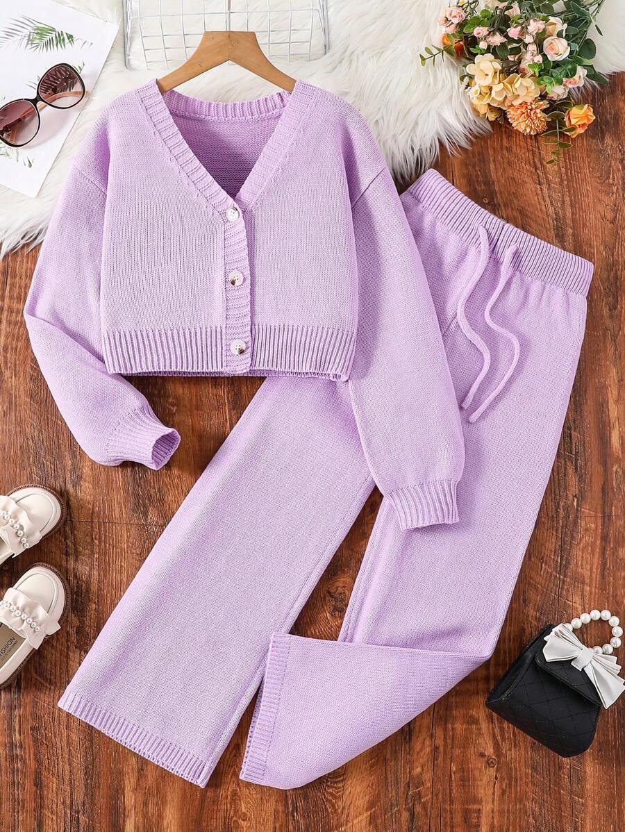 2pcs Teen Girl Casual Rib Knit Cardigan And Sweater Pants Set - Purple - View 1