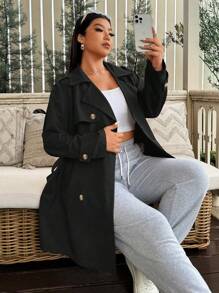 Flirla Plus Size Solid Color Double-Breasted Belt Pocket Elegant Long Sleeve Trench Coat - Black - View 7