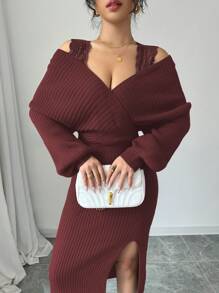 Chiquease Unique Design Lace Trim Knitted Sweater Dress, Waist Cinched Style, Elegant Look - Burgundy - View 4