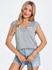 SHEIN LUNE Summer Outfits Heart Print Batwing Sleeve Tee - Light Grey - View 6