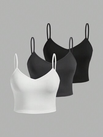 SHEIN EZwear 3pcs Women Plus Size Simple Solid Color Camisole Tank Tops, Suitable For Summer Back To School