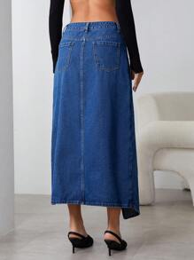SHEIN Essnce Women's Pleated Pocket Minimalist Denim Skirt, Casual Everyday Wear - Dark Wash - View 2