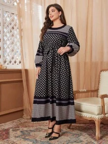 Mulvari Plus Size Arabian Patchwork Retro Luxurious Modest Long Sleeve Dress - Black - View 4