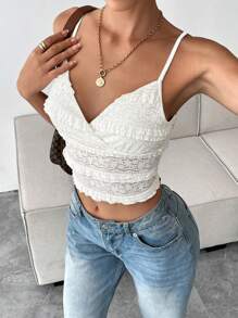SHEIN Essnce Dames Lente Zomer Casual Nieuw Wit Effen Kleur Elegant Romantisch Kant Strik Ruffle Zoom Camisole Valentijnsdag Valentijnskleding Vakantie Crop Tops Nieuwjaar Dames Outfit