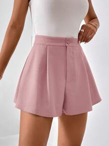 SHEIN Essnce 女士休闲斜口袋简约短裤，夏季 - 藕粉色 - 查看 3