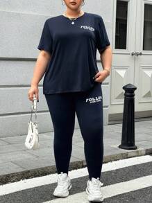 SHEIN EZwear 中大碼女士印花短袖上衣和長褲，簡約日常2件套服