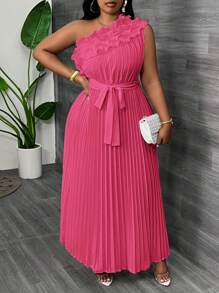 Slaydiva Plus Size Elegancka Luksusowa Asymetryczna Sukienka Z Marszczonymi Ramionami I Talią Plisowana Morelowa Letnia