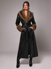 Silquee Women's Simple Daily Elegant Party Autumn And Winter Long-Sleeved Solid Color Black Stitching Fur Collar, Romantic Date With Autumn And Winter Base High-Quality Regular Jacket, The Heroine Is Full Of Aura - Black - View 1