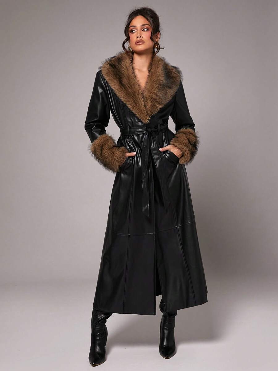 Silquee Women's Simple Daily Elegant Party Autumn And Winter Long-Sleeved Solid Color Black Stitching Fur Collar, Romantic Date With Autumn And Winter Base High-Quality Regular Jacket, The Heroine Is Full Of Aura - Black - View 1