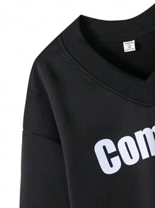 SHEIN Moletom casual para meninas adolescentes, cor sólida, estampa contrastante, ombro caído, decote em V, ajuste solto, quente
