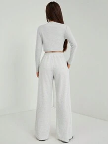 SHEIN PETITE Women's Solid Color Crew Neck Long Sleeve Bodycon T-Shirt And Sweatpants Set - Grey - View 2