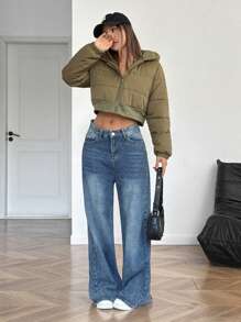 SHEIN 少女纯色短款连帽绗缝休闲街头风保暖加厚外套/棉服 - 軍綠色 - 查看 4