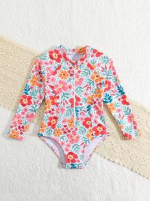 年轻女孩热带花卉印花拉链长袖休闲 T 恤款式连体泳衣