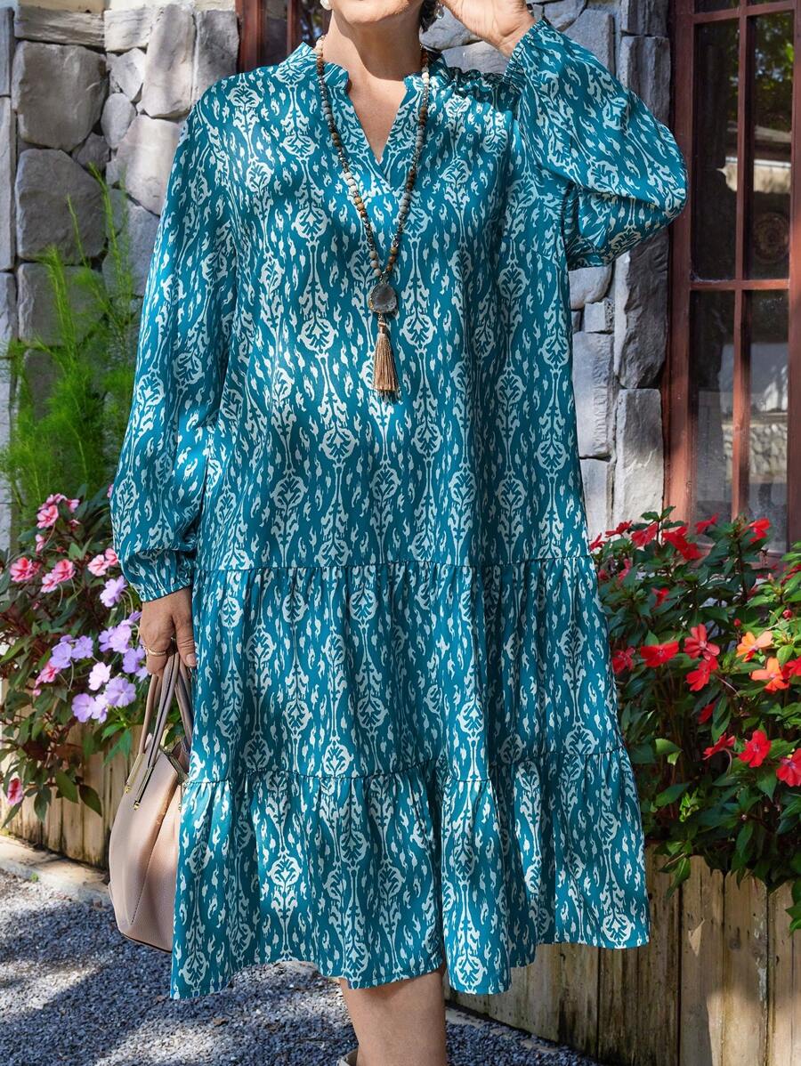 EMERY ROSE 大码女式全身印花 V 领灯笼袖宽松奶奶裙，女士冬装 - 藍白色 - 查看 1