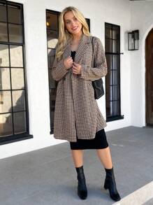 SHEIN LUNE Women's Mid-Length Double Pocket Long Sleeve Casual Jacket With Houndstooth Pattern,Long Coat