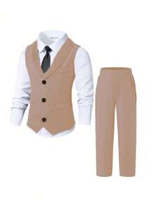 SHEIN 2 件套年轻男孩绅士套装缺口领背心 + 长裤套装，正式服装适合婚礼、表演、舞会、主持、晚会、圣诞派对、万圣节派对